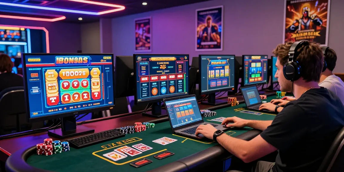 Exciting scene of players engaged in credit card casinos with vibrant casino games displayed on multiple screens.