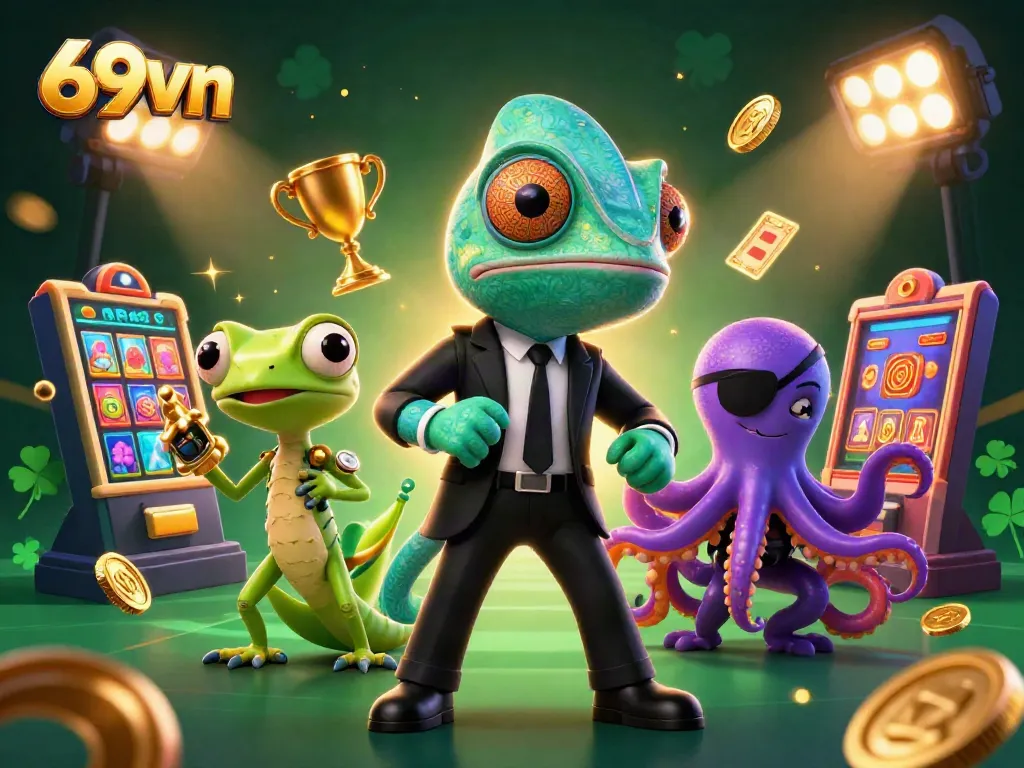 Experience thrilling gameplay at 69vn with dynamic slots and colorful characters in a vibrant casino scene.