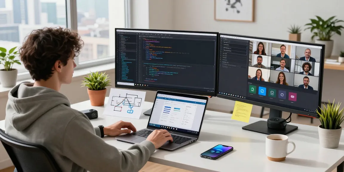 Developer coding at a modern desk with the 纸飞机中文版官网 interface displayed on multiple screens, showcasing a vibrant tech workspace.