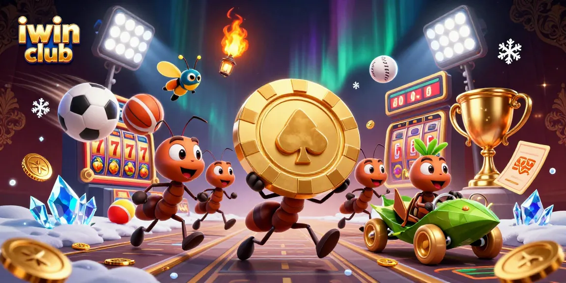 iwin club showcases a heist scene with ants and golden poker chip, blending sports elements dynamically
