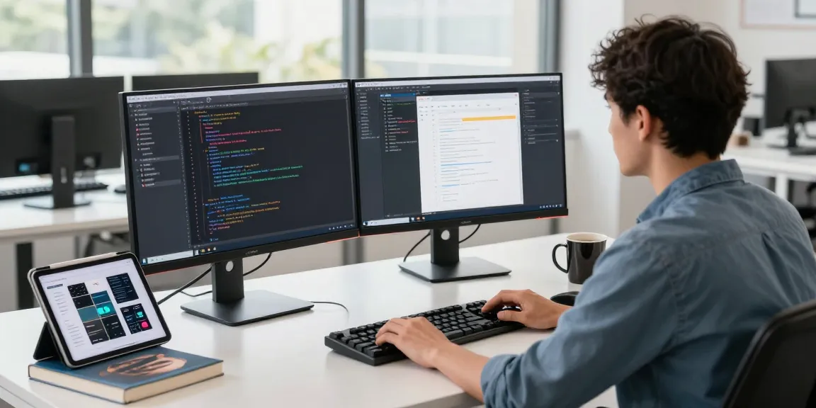 Engaged software developer coding on dual monitors in a modern workspace, showcasing 纸飞机中文版 application design.