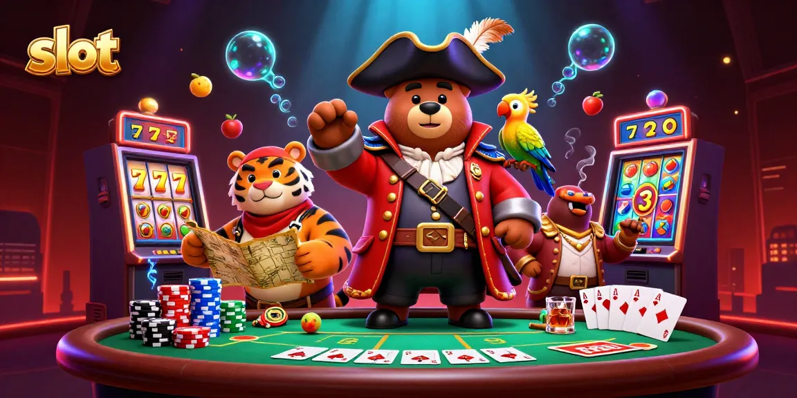 Slot machines spin as a pirate captain bear and tiger explore a colorful casino scene.