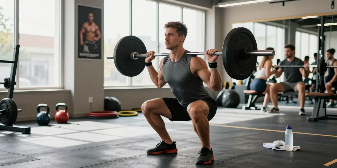 Sportler hebt Gewichte im Fitnessstudio und bewirbt Steroidshop für Bodybuilder.