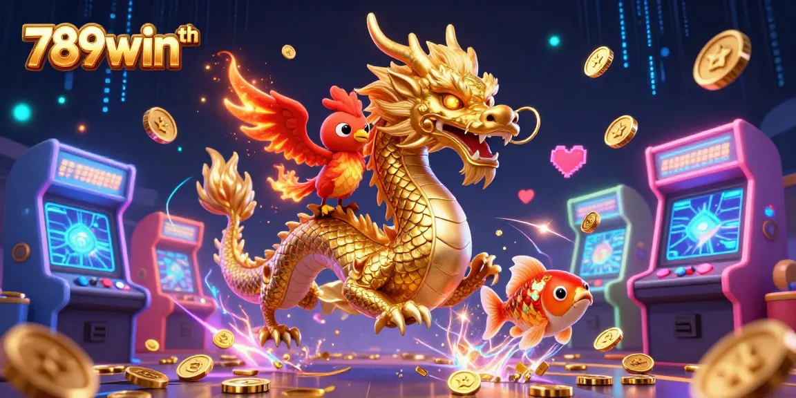 Experience the excitement at 789winth with a vibrant 3D illustration showcasing a fierce dragon, phoenix, and koi fish amidst thrilling gaming elements.