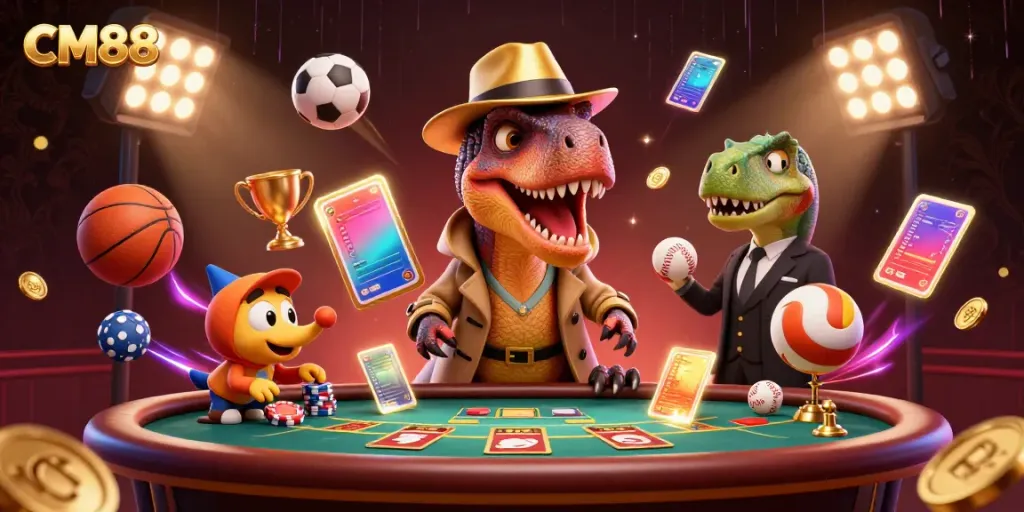 Experience the thrilling world of CM88 with a cartoon velociraptor at a blackjack table amidst an energetic casino scene.