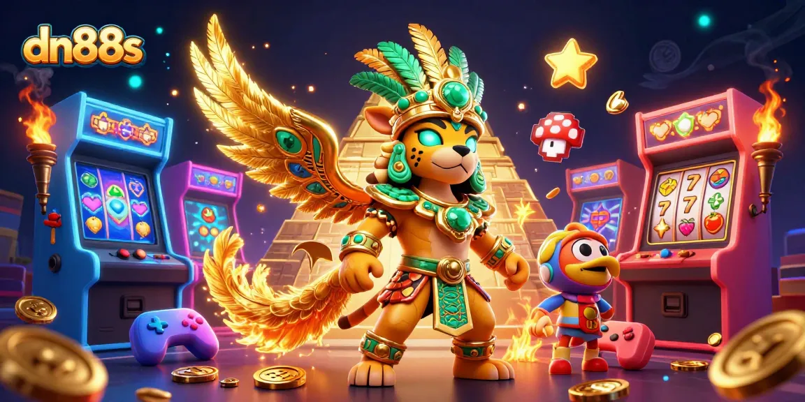 Explore the vibrant gaming world of dn88s with a Mayan priest and colorful arcade elements.