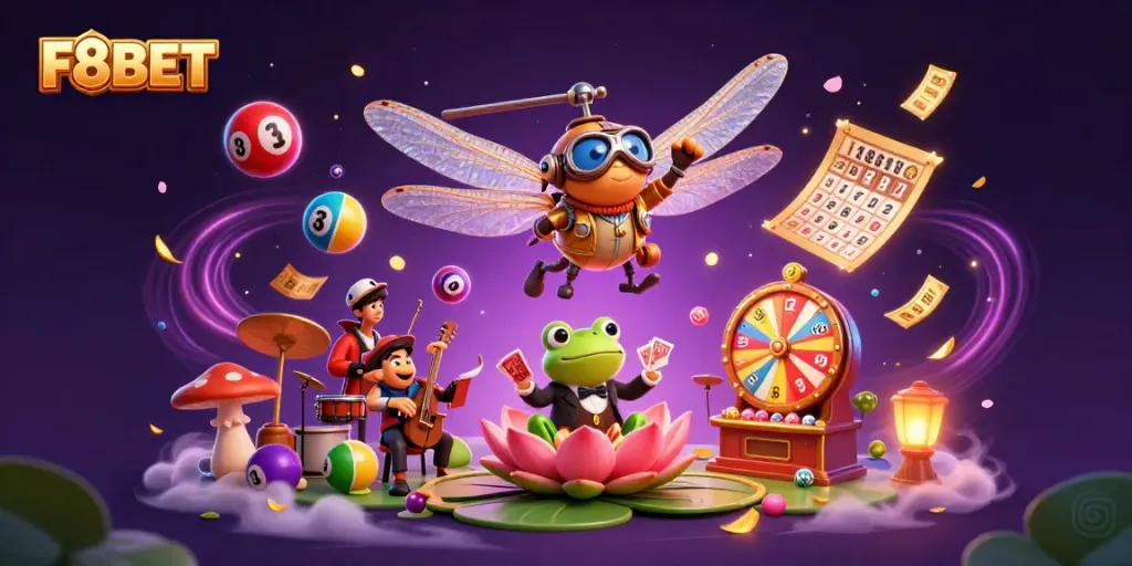 Experience F8BET action with a dragonfly pilot and frog dealer in a vibrant casino scene.