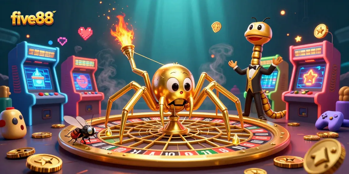 Engage with five88 at a vibrant casino scene featuring a golden spider and centipede croupier.