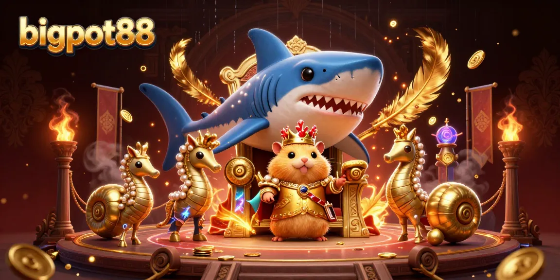 Experience bigpot88 with a fierce golden hamster king on a shark throne, amid vibrant casino elements.