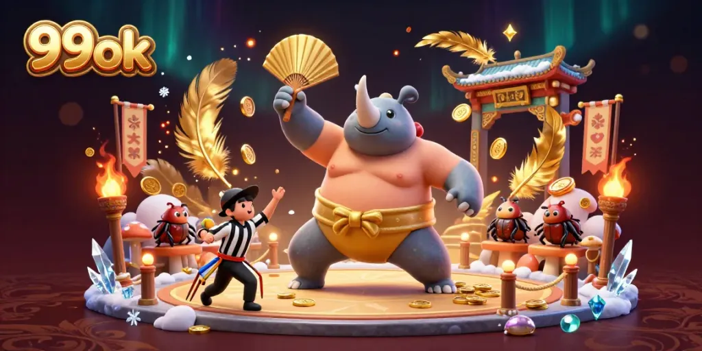 Experience the excitement of 99ok with a lively scene of a sumo champion and vibrant casino elements.
