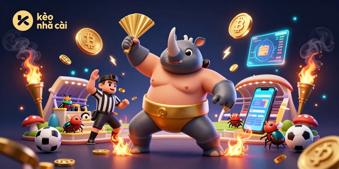 Bettors leverage kèo nhà cái insights from a vibrant 3D illustration of a beetle sumo champion in a lively stadium.