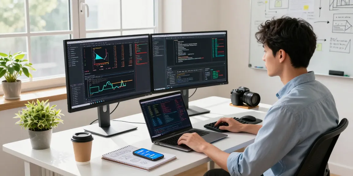 Developer using a real-time market quote API in a modern workspace with dual monitors and trading tools.