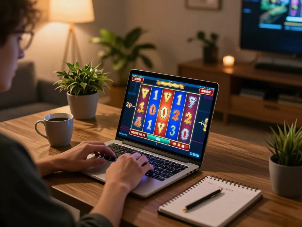 Playing the exciting TR88 online slot game on a laptop in a cozy home setup.