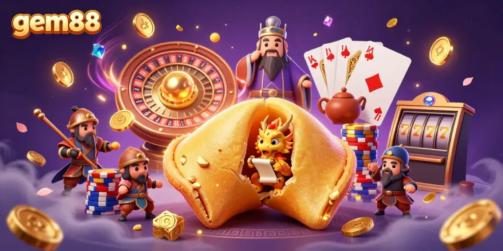 Experience the magic of gem88 with a vibrant 3D illustration of fortune cookies and dazzling casino elements.