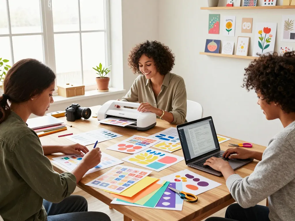 Crafters joyfully creating Cricut designs in a bright home studio with vibrant templates and tools.
