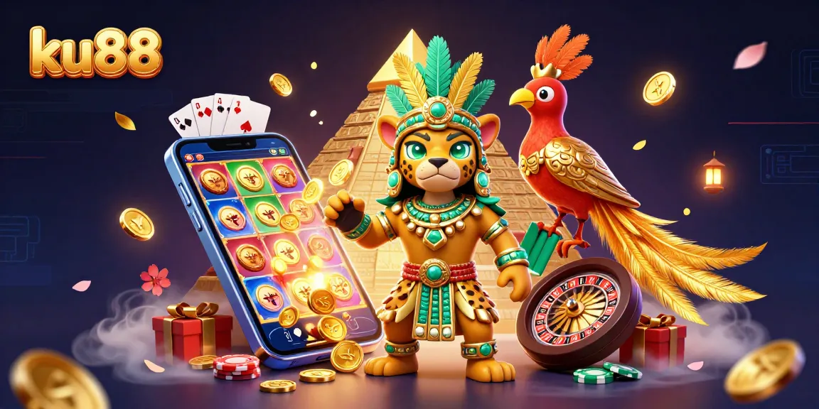 Experience ku88 with a stunning 3D scene showcasing a Mayan priest, bright games, and dynamic elements.