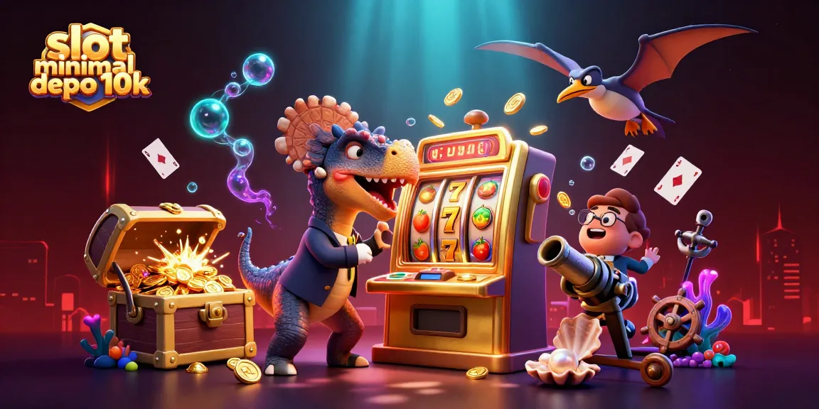 Slot minimal depo 10k dengan dinosaurus memecahkan mesin slot, menghasilkan koin jackpot yang berkilau.