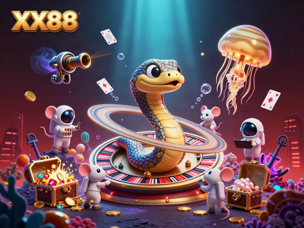 Experience the excitement of betting on XX88, a cosmic casino scene with colorful characters and a dynamic atmosphere.