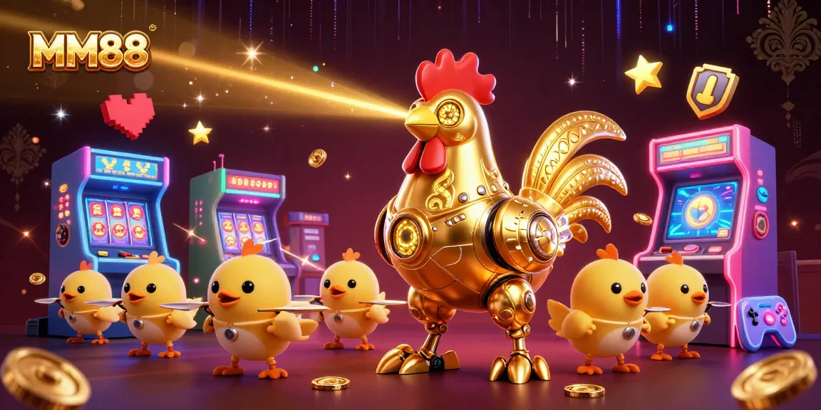 Engage with MM88’s vibrant casino theme featuring a golden rooster robot and arcade elements.