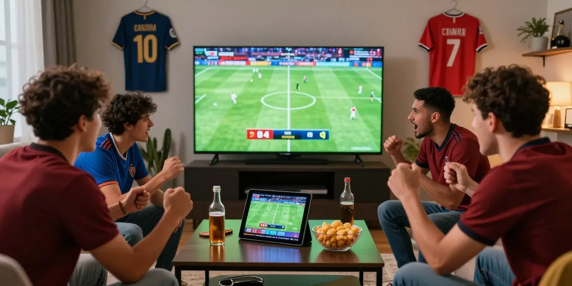 Exciting SBOBET sports betting scene with friends analyzing live odds during a soccer match.