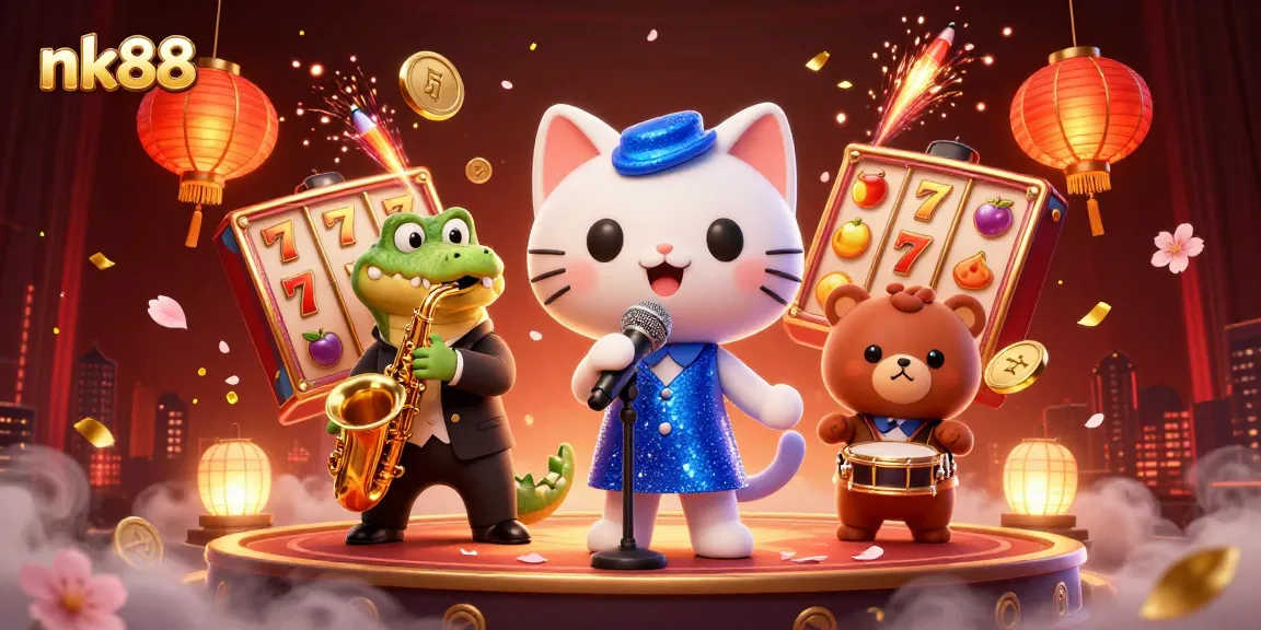 Join the action at nk88 with vibrant casino characters amidst spinning slots and festive decor.