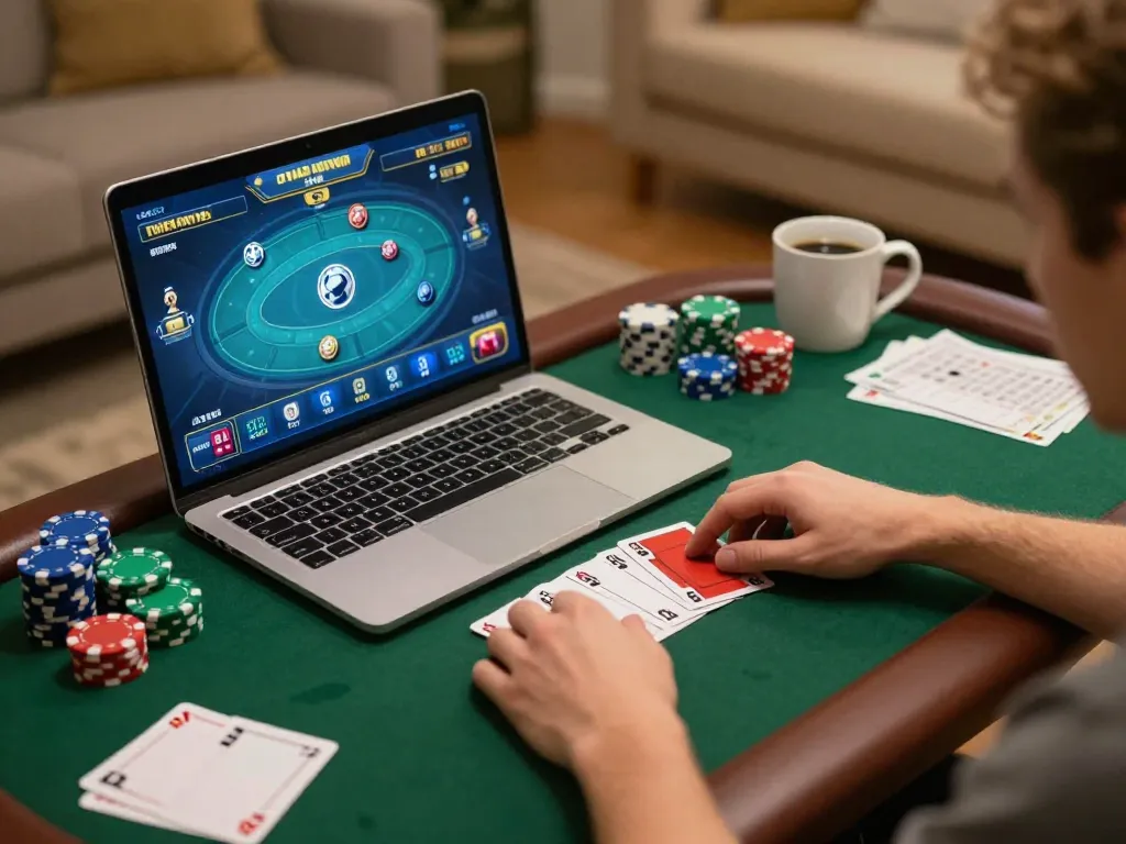 Engaging online poker session with s666no1 on a laptop at home, showcasing strategic gameplay and comfort