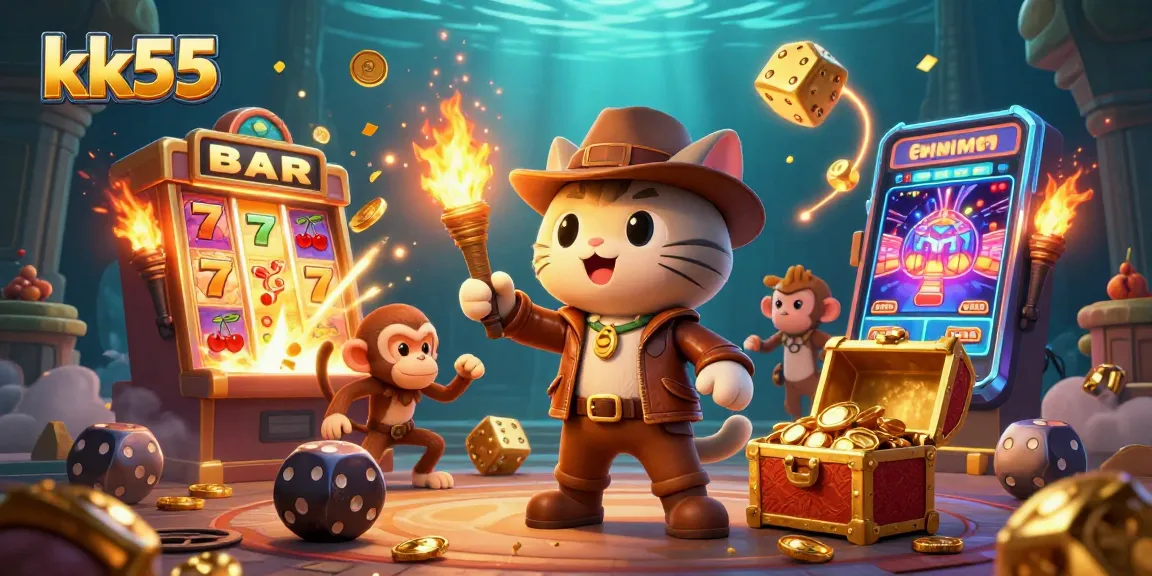 Experience adventure with kk55 as a cartoon cat discovers treasure in an ancient casino-themed temple.
