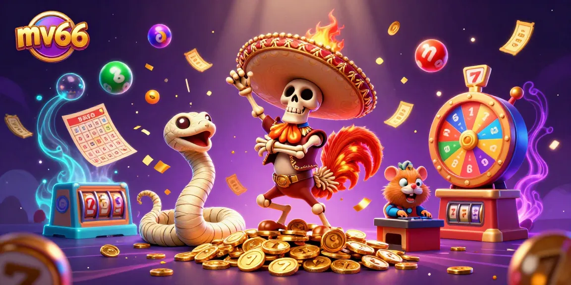 Experience thrilling entertainment at mv66 with a vibrant 3D casino illustration filled with exciting gaming elements.