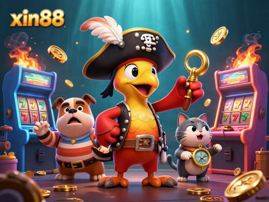 Engage in thrilling fun with xin88 as colorful 3D arcade game elements surround a pirate captain, bulldog first-mate, and cat navigator.