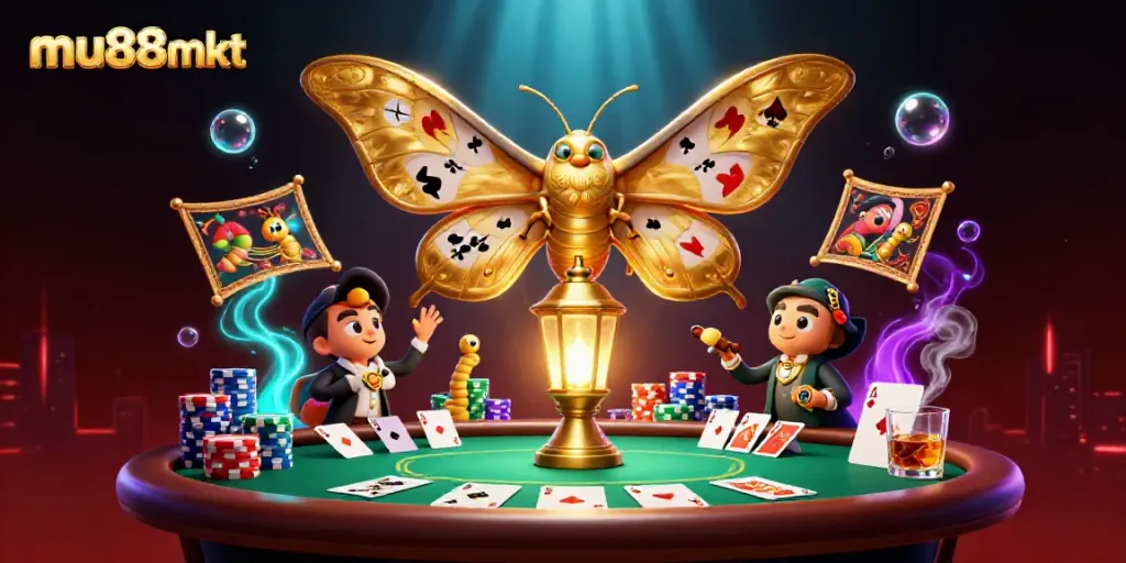 Win exciting casino games with mu88mkt; a vibrant 3D scene featuring card suits and poker elements.