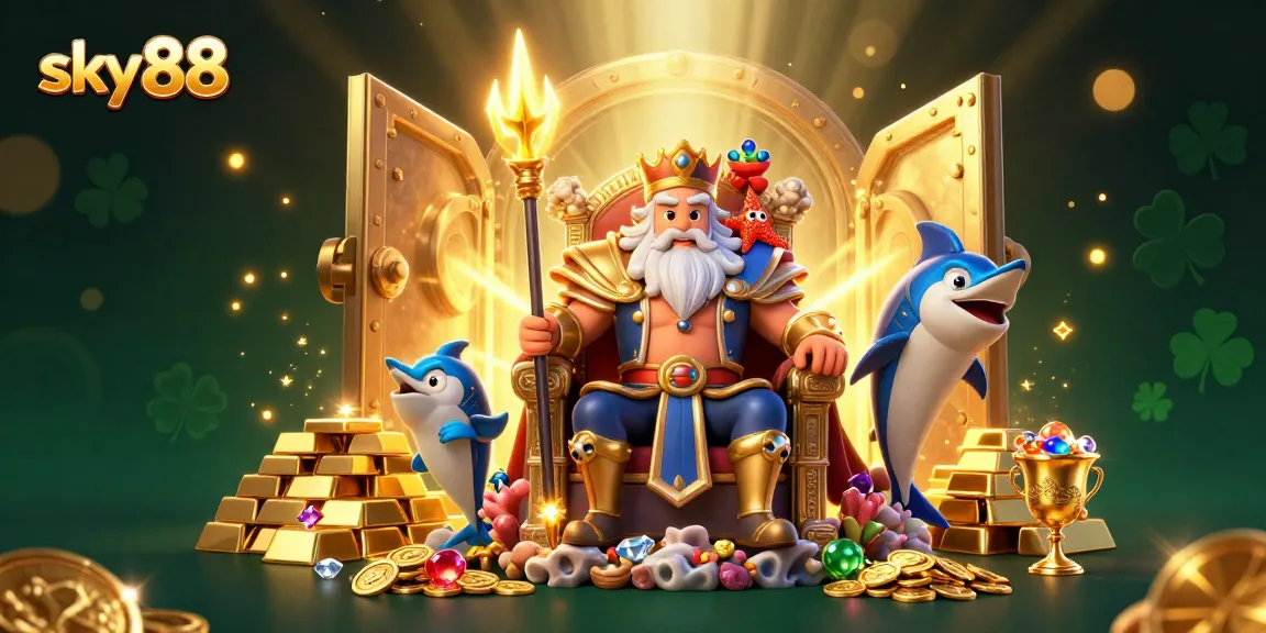 Capture sky88's thrilling casino spirit with Neptune and golden treasures in a vibrant 3D scene.