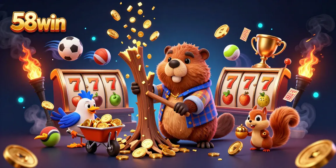 Catching exciting wins with 58win as a beaver chops golden coin trees in a vibrant casino setting.