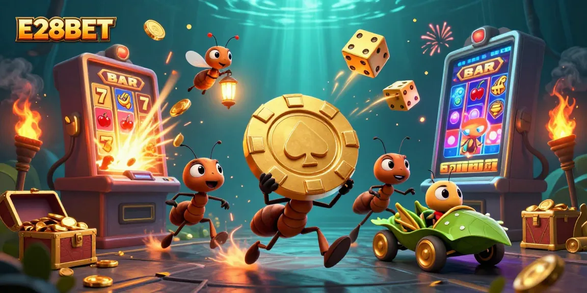 E28BET showcases cartoon ants executing a heist to grab a golden poker chip amidst vibrant casino elements.