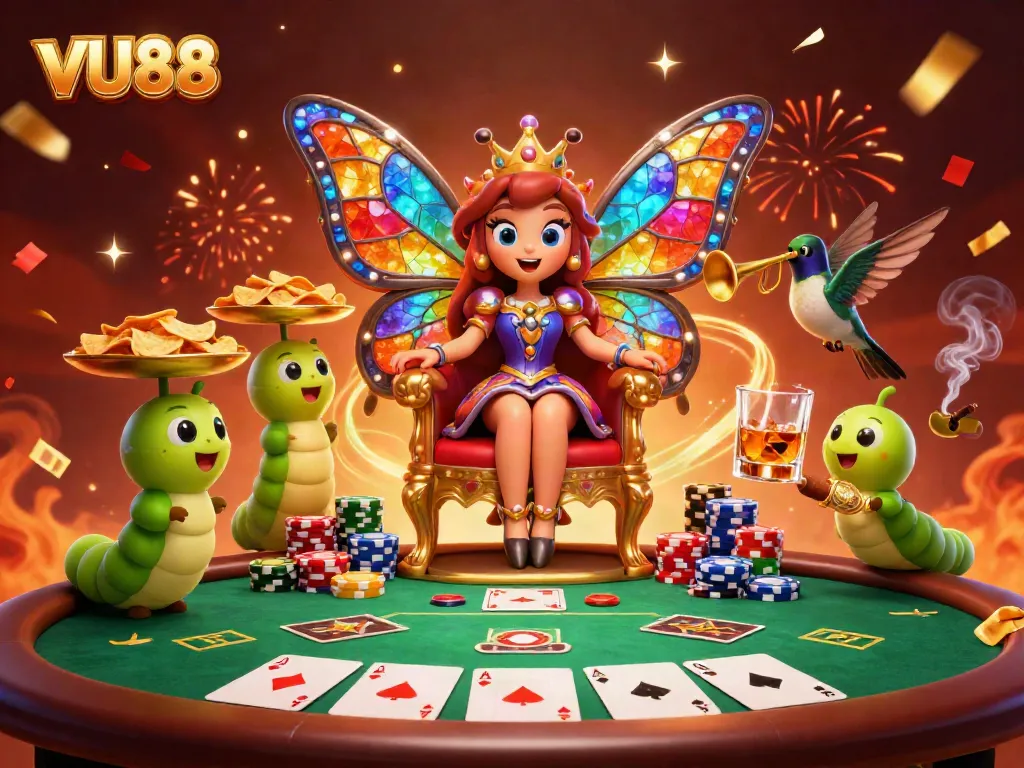 Experience the vibrant action at VU88 with a colorful 3D casino scene featuring a butterfly queen and poker elements.