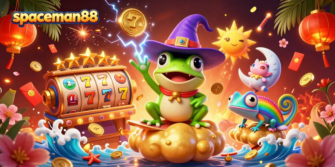 Experience the excitement of spaceman88 with a vibrant scene packed with slot machines and magical elements.