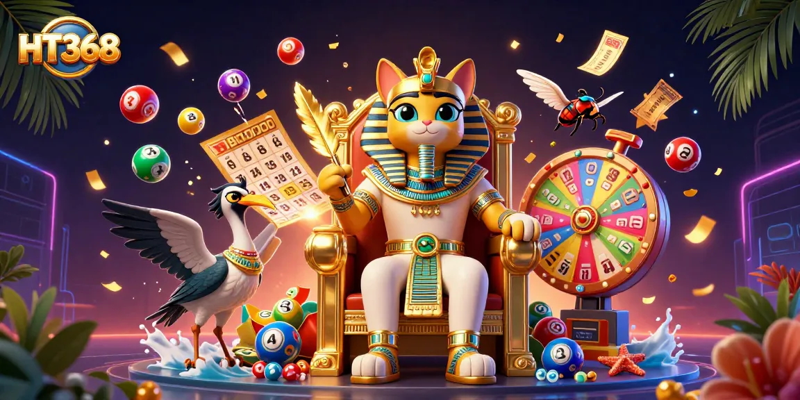 HT368 showcases a vibrant 3D cartoon scene featuring an Egyptian pharaoh cat amidst gaming elements like lottery balls, bingo cards, and confetti.