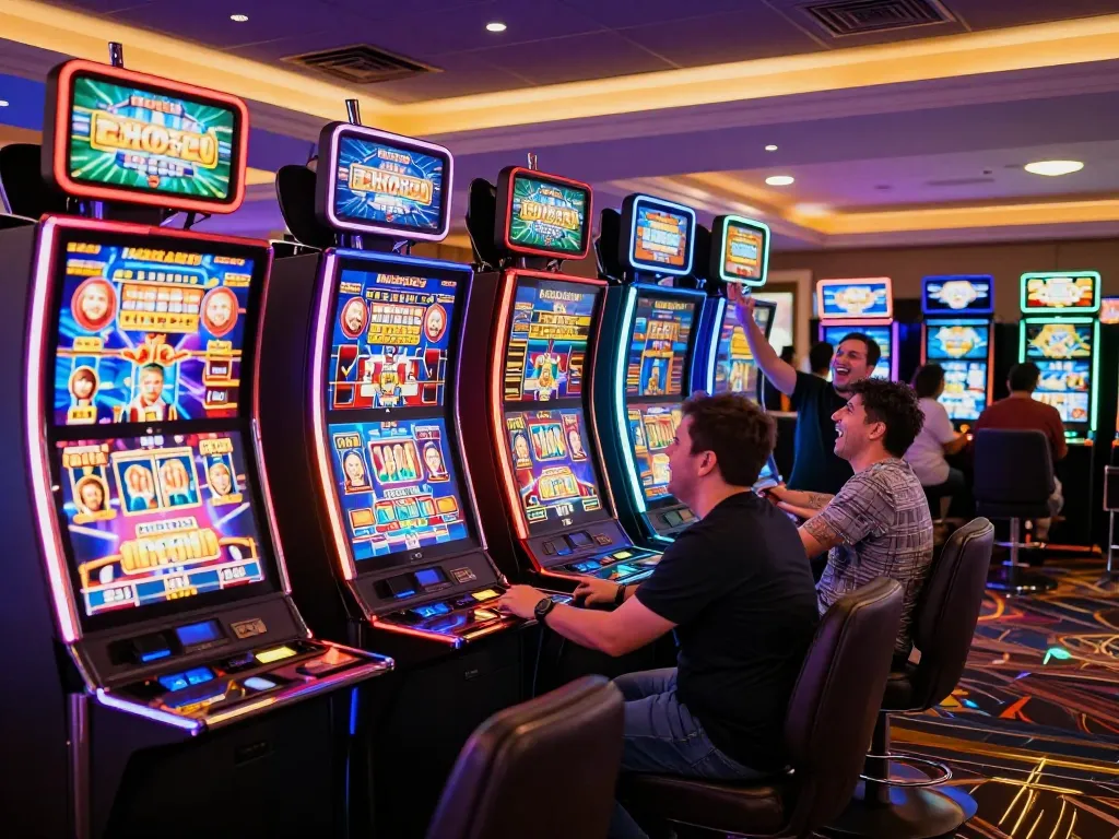 NAGA2000 players celebrating wins at colorful slot machines in a vibrant casino