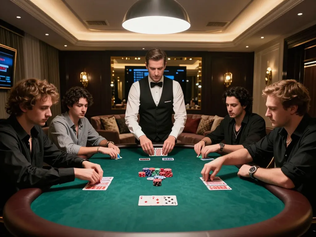 Engaging poker game at luck8 com with focused players and dealer in a luxurious setting