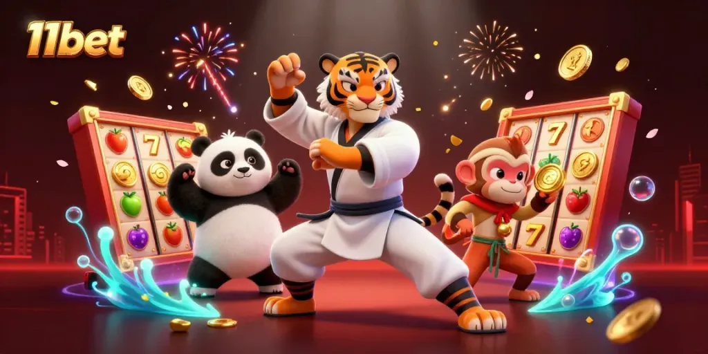 Experience thrilling casino action with 11bet's vibrant scene featuring cartoon characters amidst slot machines and golden coins.