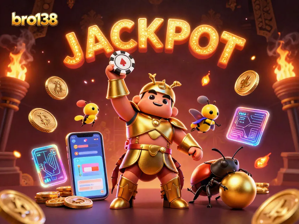 Engage with bro138's jackpot excitement featuring a victorious beetle and treasure elements.