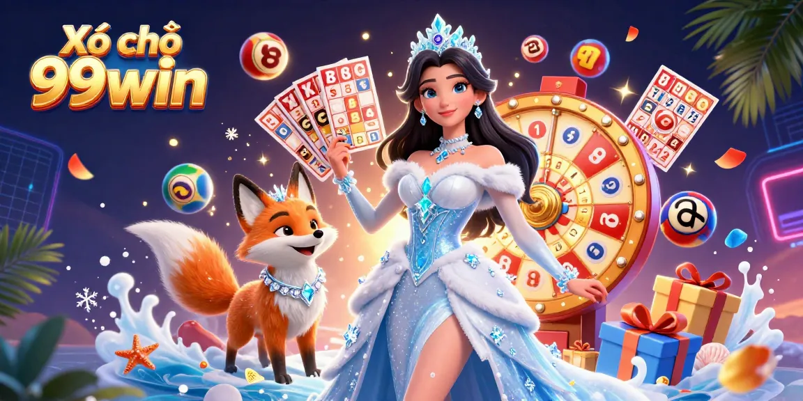 Xổ số 99win lottery excitement with vibrant elements including colorful balls and prize wheels, enhancing gaming experience.