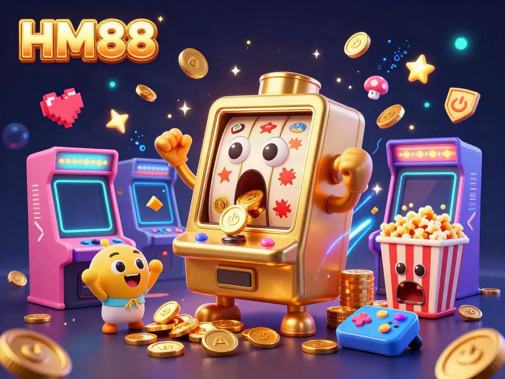 Celebrate a jackpot win at HM88 with a golden slot machine surrounded by cheering baby slots in a vibrant 3D casino.