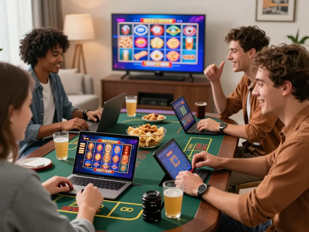 An engaging scene showcasing friends using the link vào o8 for an exciting online casino experience at home with vibrant gaming graphics.