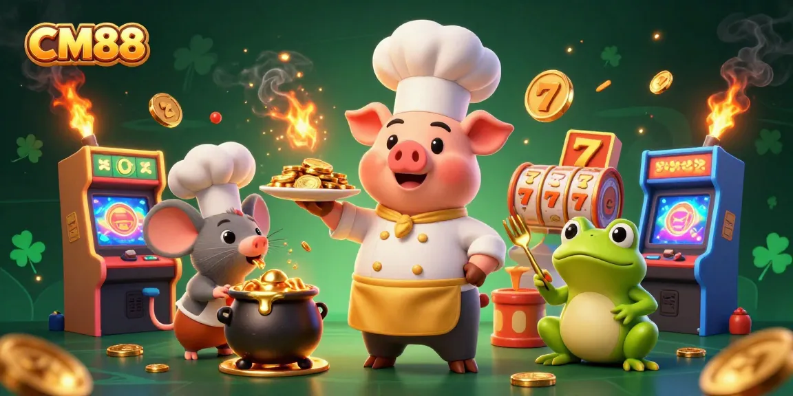 Engage with CM88's vibrant casino world featuring cartoon chef pig and gaming themes.