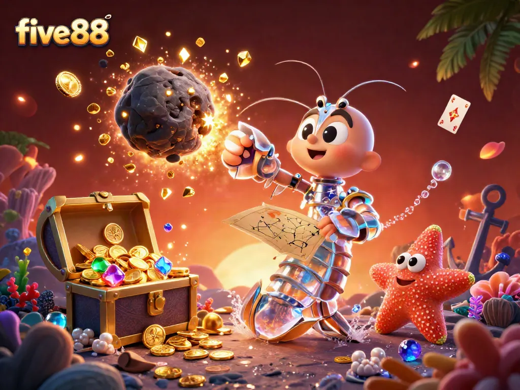 Experience thrilling casino adventures with five88, featuring vibrant 3D characters amidst a treasure explosion.