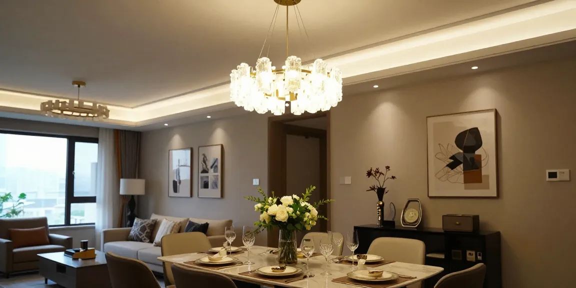 Candelabru LED elegant într-un living modern, iluminând o masă de dining rafinată.