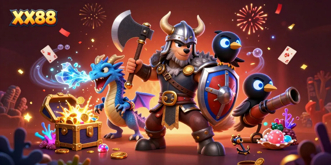Immerse yourself in the thrilling game ambiance of XX88 with heroic characters and vibrant treasures.