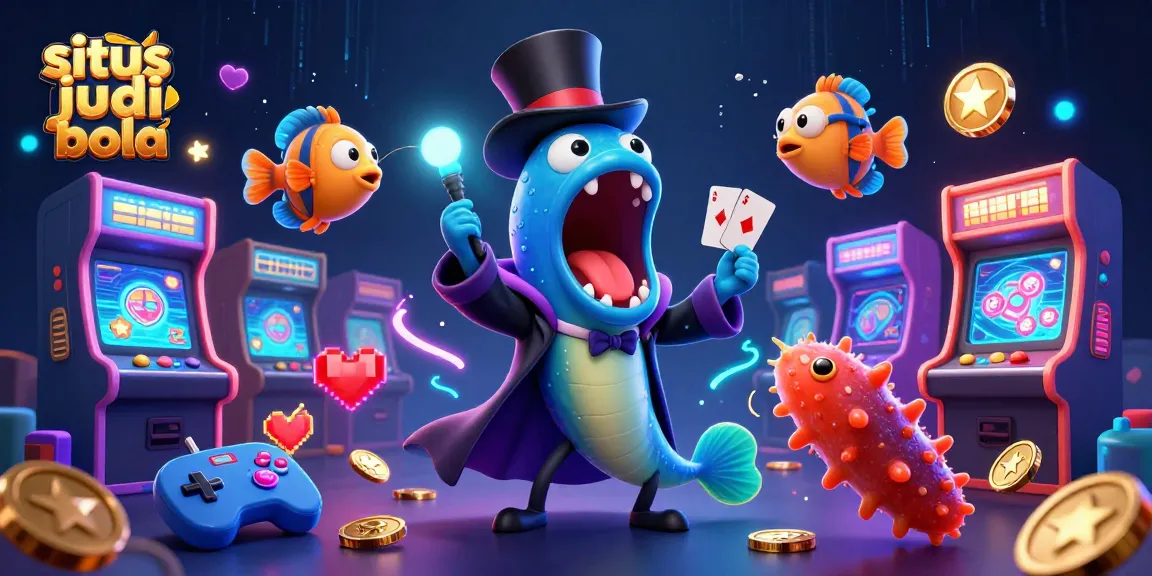 Gambarkan situs judi bola dengan ikan gulper bioluminescent melakukan trik kartu di bawah sinar lampu pancing.