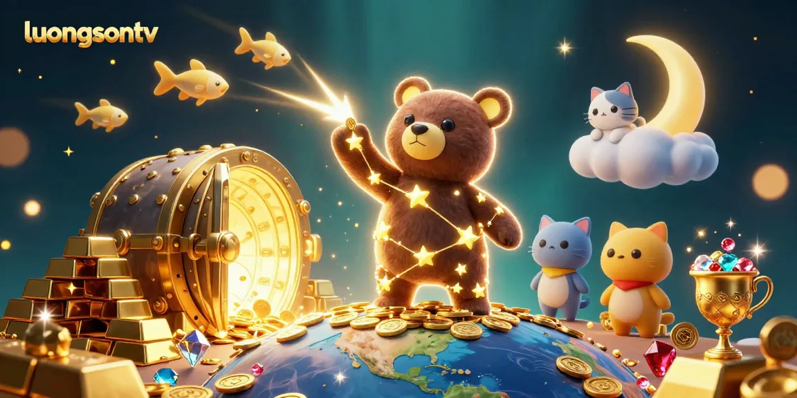 Experience thrilling wins with luongsontv in a dazzling 3D cartoon illustration of treasures and cosmic friends.