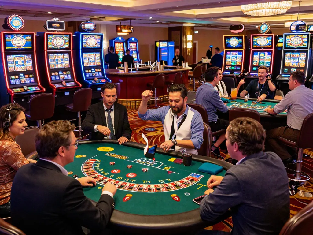 Casino Gratuit scene featuring players at gaming tables and colorful slot machines, showcasing excitement and luxury.